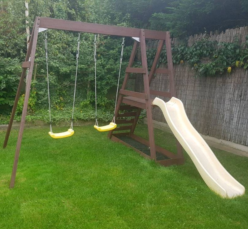 wooden double swing and slide set